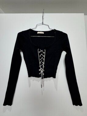 Black Ribbed Crop Top w/ Rhinestone Drawstring